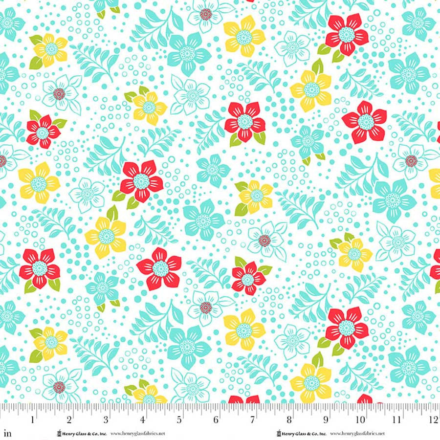 Jubilee Multi Blue Fun Flower Cotton 44" / 45" Fabric per yard