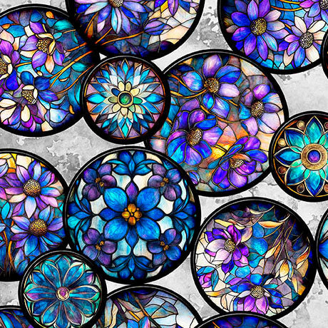 Gray Mosaic Blooms Floral Circle Vignettes Cotton 44"/45" Fabric Per Yard
