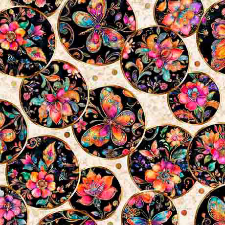 Fluttering Gardens Butterfly Medallion Oatmeal Cotton 44"/45" Fabric Per Yard