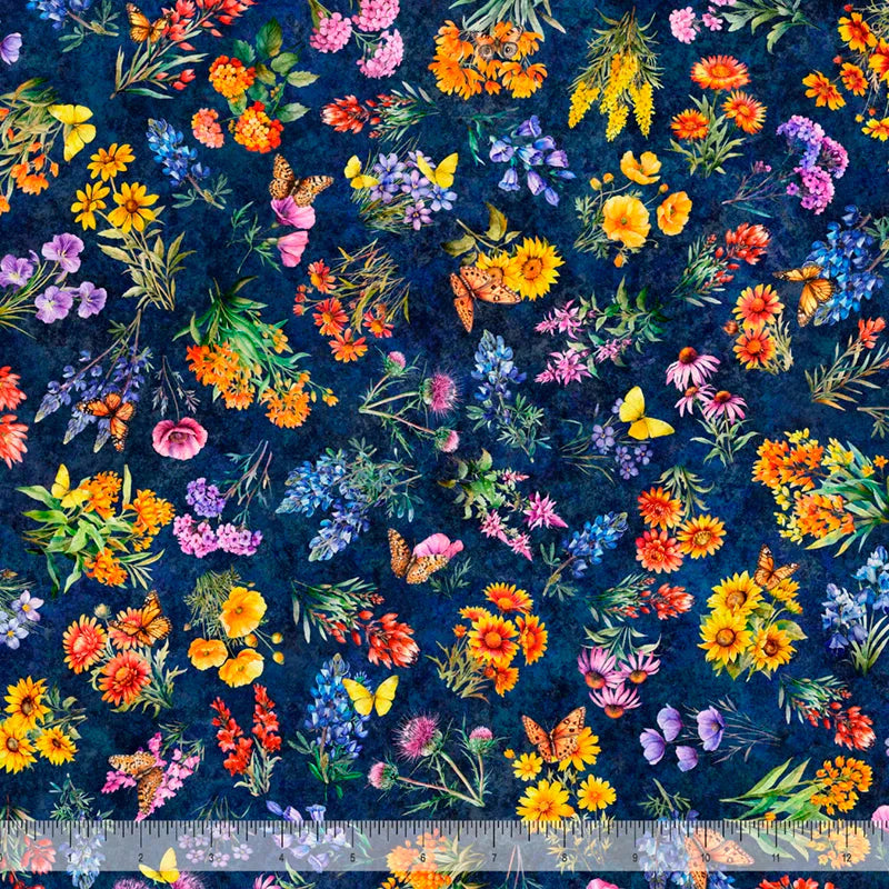 ATXSH Texas Wildflowers Navy Cotton 44"/45" Fabric Per Yard