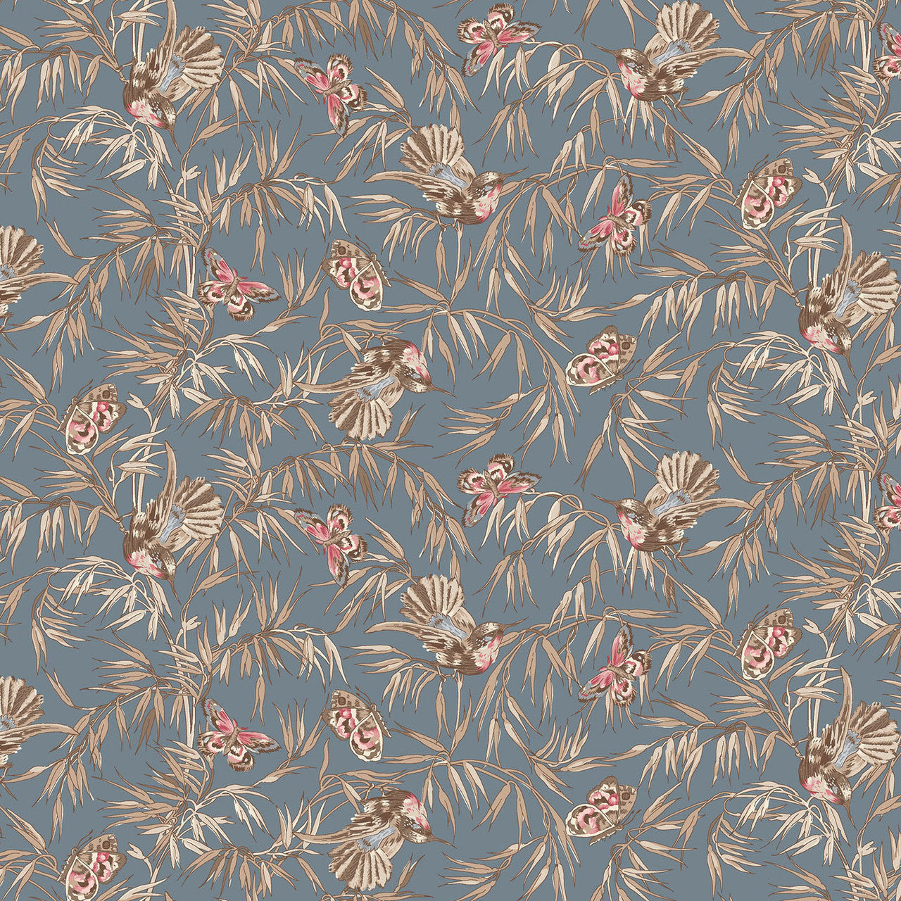 Birds and Butterflies Blue Meadow Blush 43"/44" Cotton Fabric Per Yard