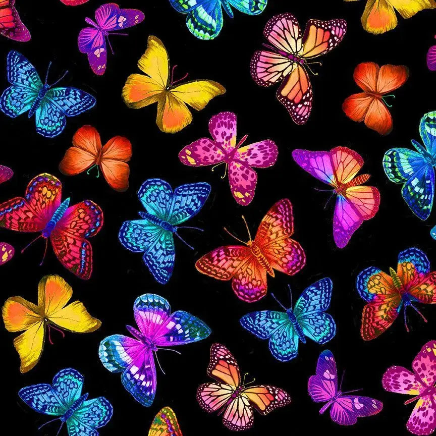 Black Multi Bright Butterlies Flying Bravo Cotton Wideback Fabric - ( 1 Yard Pack )