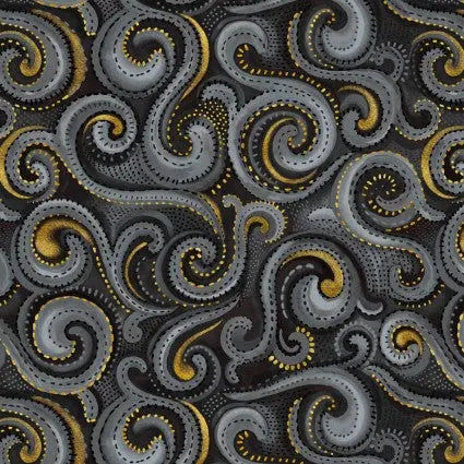 Black Whirlwind Swirl Cotton Wideback Fabric per yard