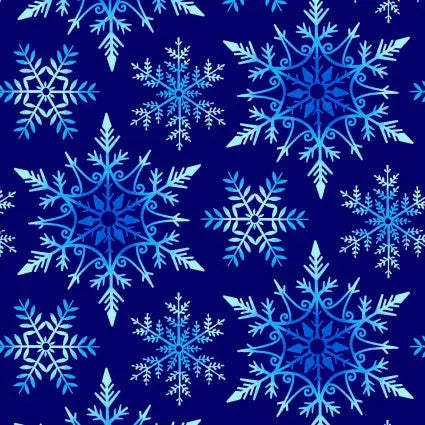 Blue Crystal Frost Snowflakes Cotton Wideback Fabric per yard