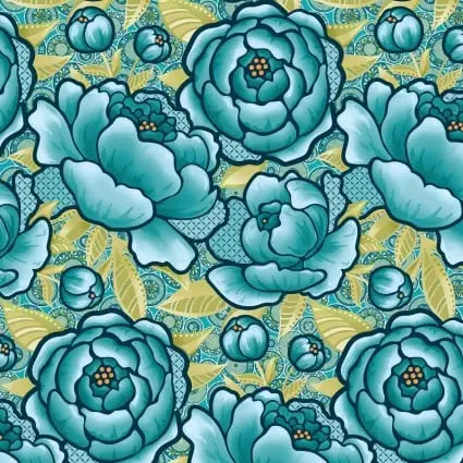 Blue Green Teal Frolic Bloom Cotton Wideback Fabric per yard
