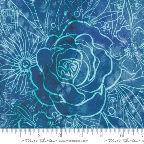 Coming Up Roses Florals Watercolor Blue Sapphire 44"/45" Fabric Per Yard