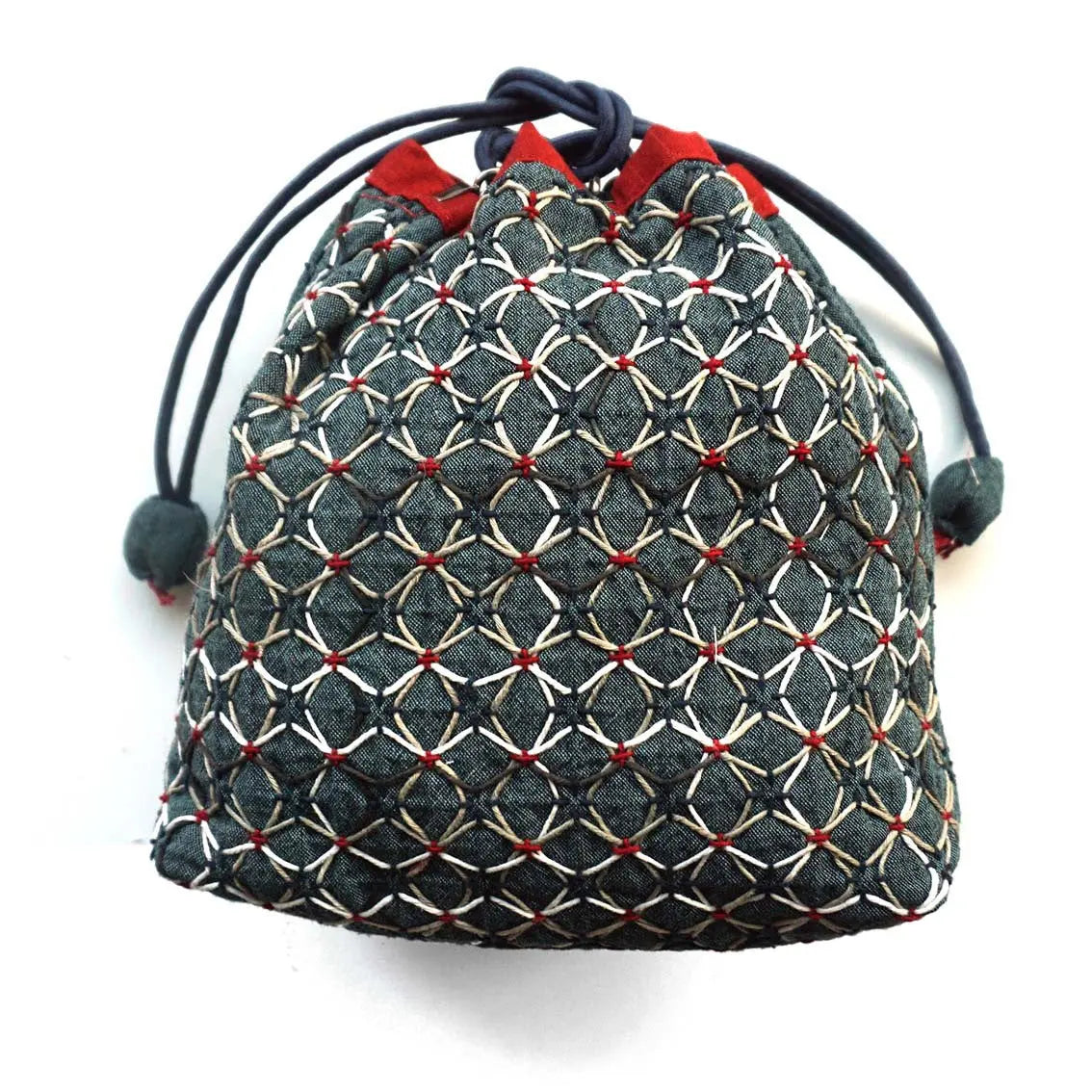 Drawstring Bag with KOKI Weaving Sashiko Hydrangea Full Kit Blue