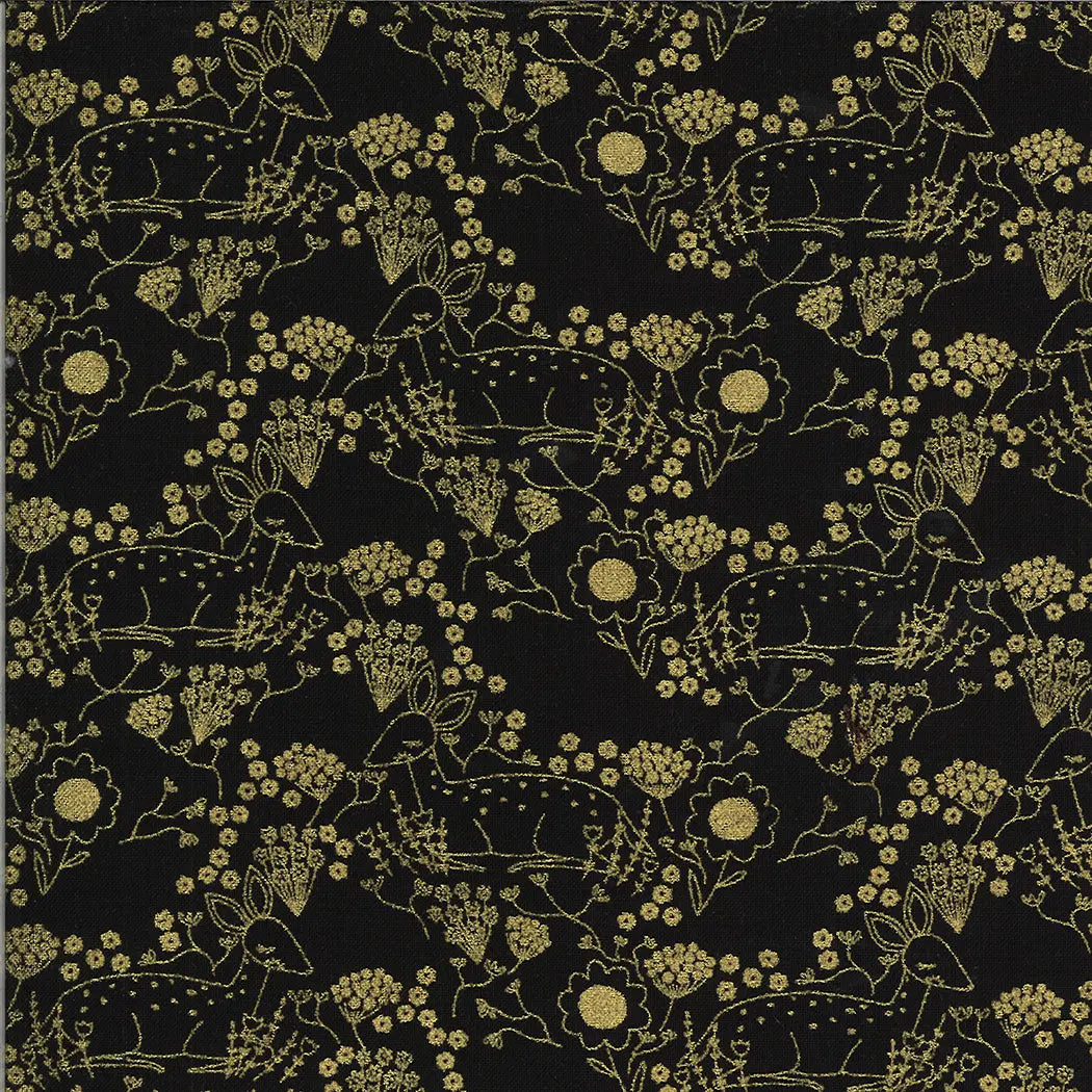 Dwell in Possibility Metallic Meadow Deer Night 44"/45" Fabric Per Yard