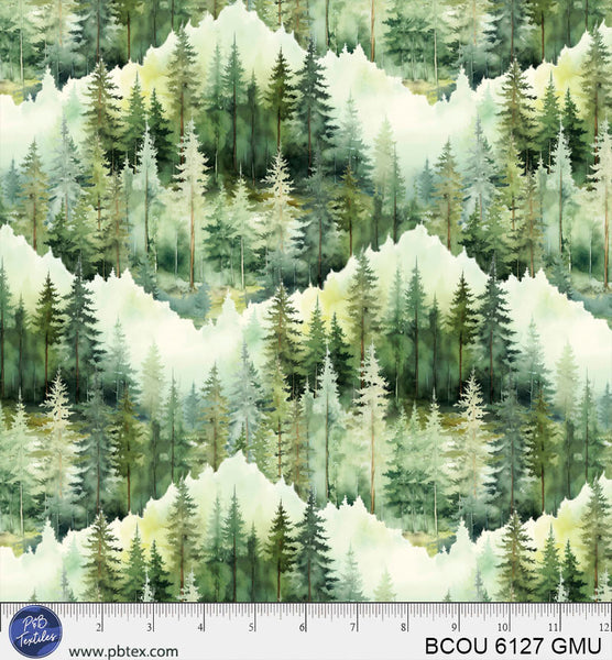 Green Multi Mountain Scenic Bigfoot Country BCOU-6127-GMU Cotton 44/45 Fabric Per Yard
