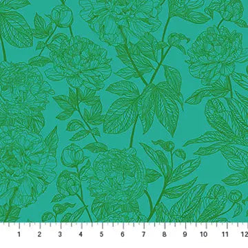 Green Peonies Indelible by Anna Maria for Northcott Cotton 44"/45" Fabric Per Yard