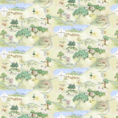 Light Green Classic Winnie Map Cotton 43"/44" Fabric Per Yard