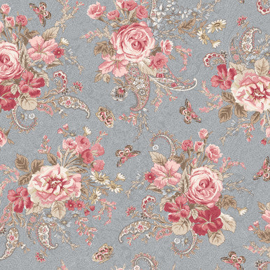 Bouquet Blue Meadow Blush 43"/44" Cotton Fabric Per Yard
