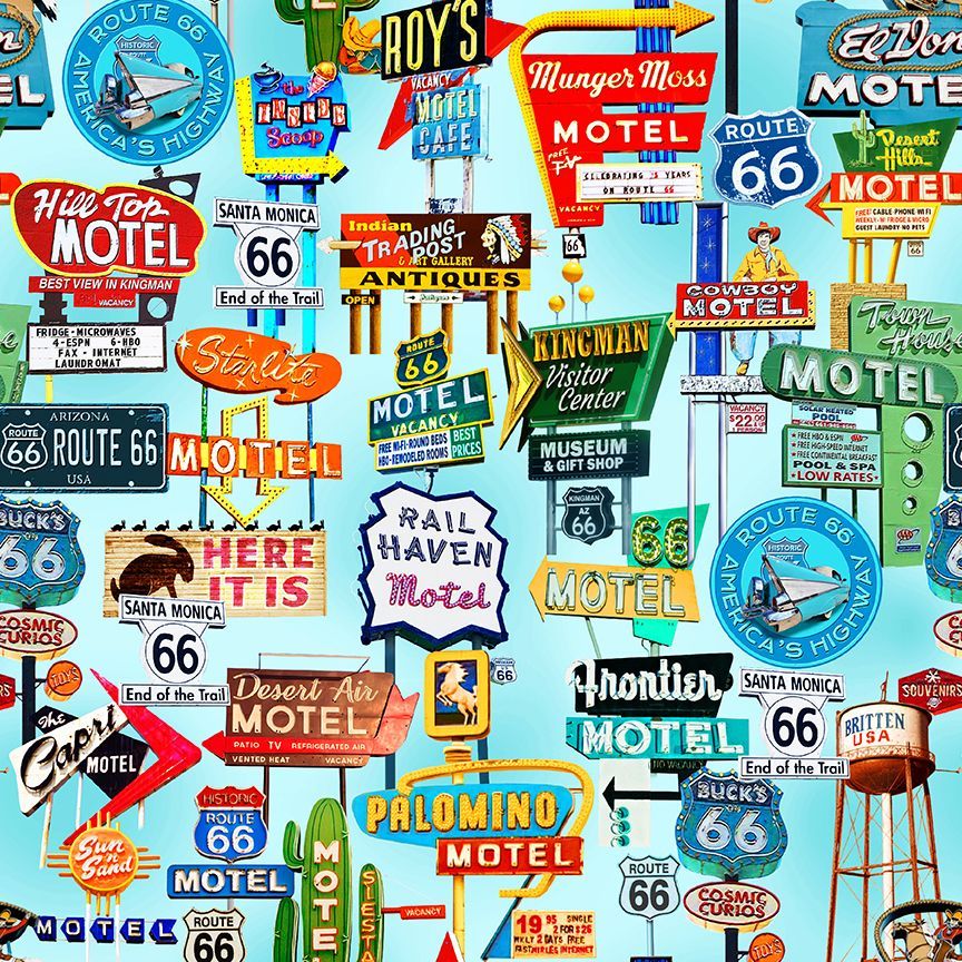 Blue Route 66 Road Signs Cotton 44"/45" Fabric Per Yard
