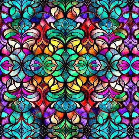Multi Radiant Reflections Teal Stained Glass Window Wideback Fabric Per Yard