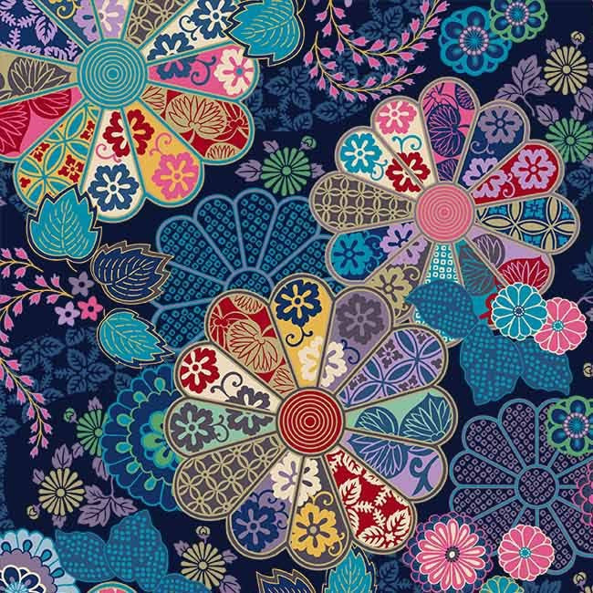 Navy Garden Grace (Metallic) Cotton 43"/44" Fabric Per Yard
