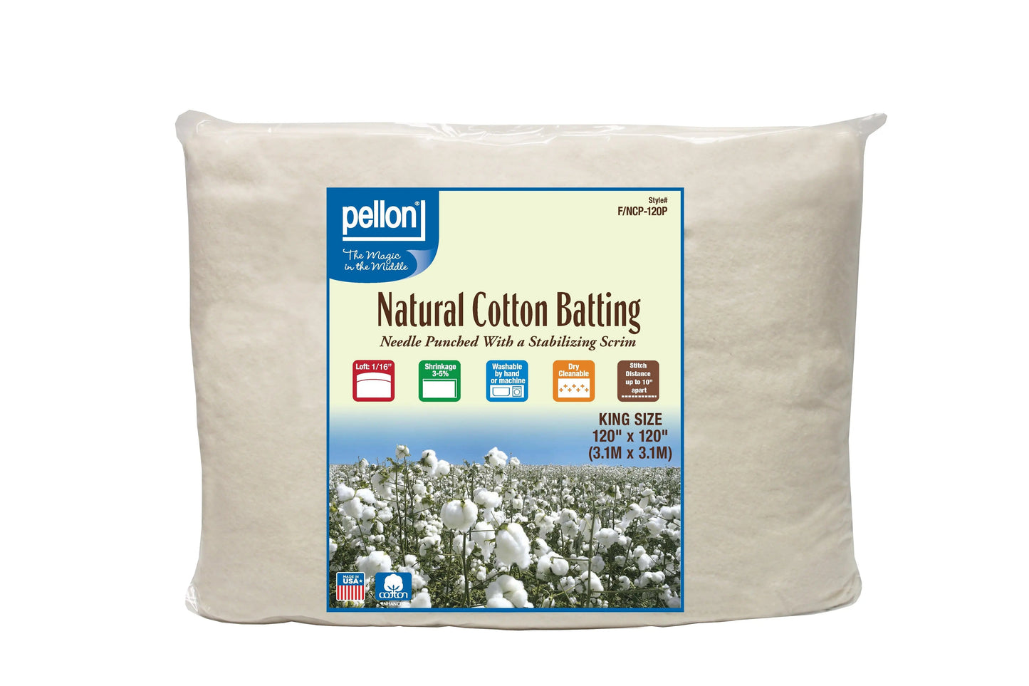 Pellon® Natural Cotton Batting With Scrim 120" x 120" King Size Package.