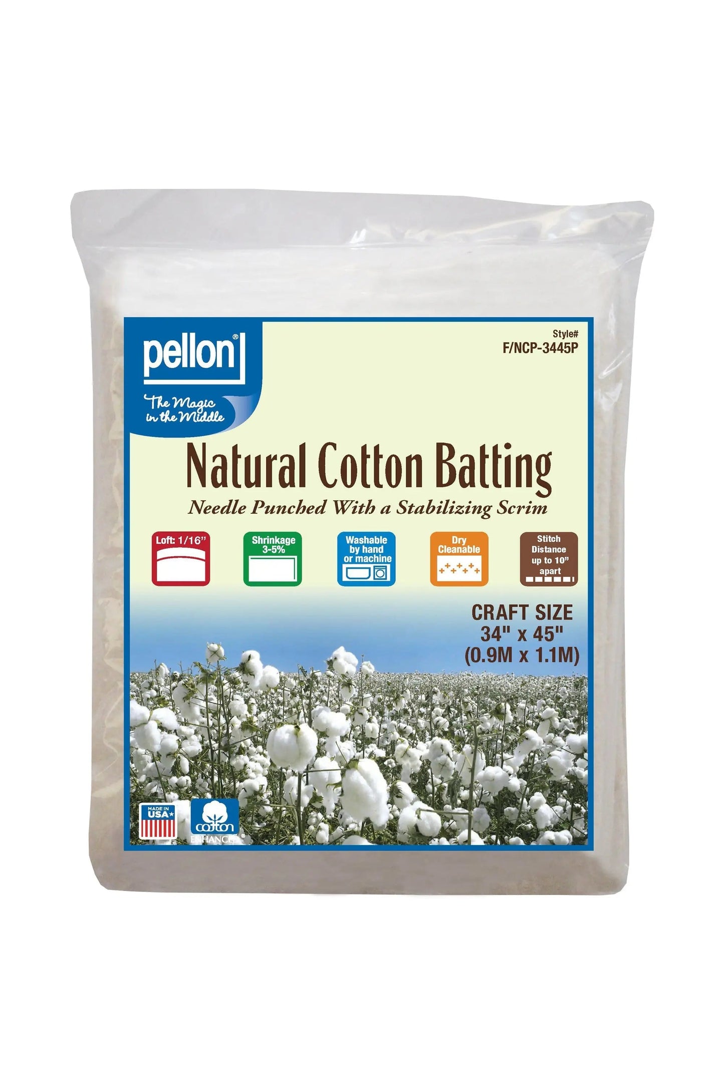 Pellon® Natural Cotton Batting With Scrim 34" x 45" Craft Size Package.