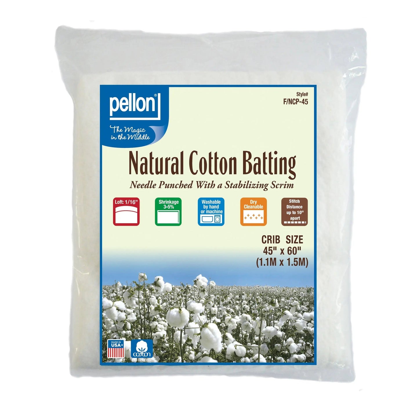 Pellon® Natural Cotton Batting With Scrim 45" x 60" Crib Size Package.