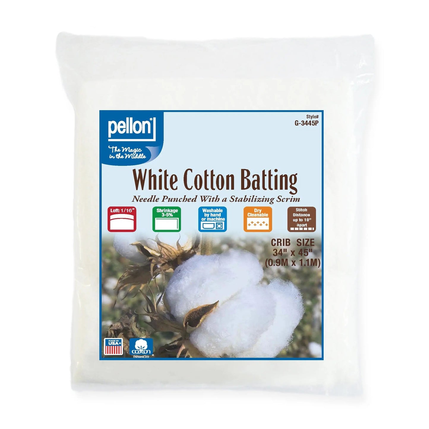 Pellon® White Cotton Batting With Scrim 34" x 45" Craft Size Package.