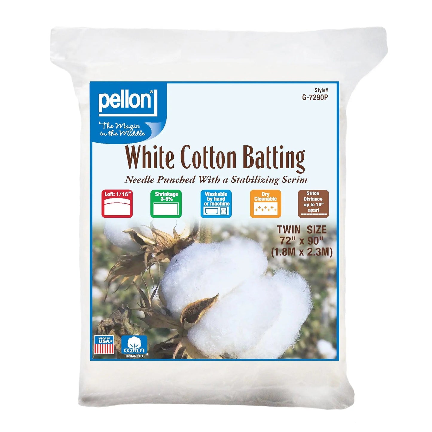 Pellon® White Cotton Batting With Scrim 72" x 90" Twin Size Package.