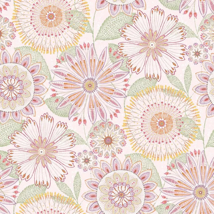 Pink Blush Floral Medallions Cotton Wideback Fabric per yard