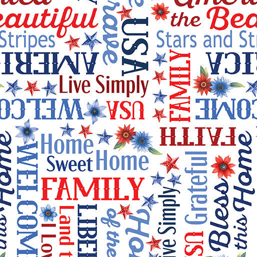 Red, White and Sweet Words White Cotton 44"/45" Fabric Per Yard