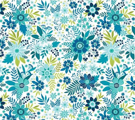 Blue Teal Daybreak Wildflowers Cotton Wideback Fabric - ( 7/8 Yard Pack )