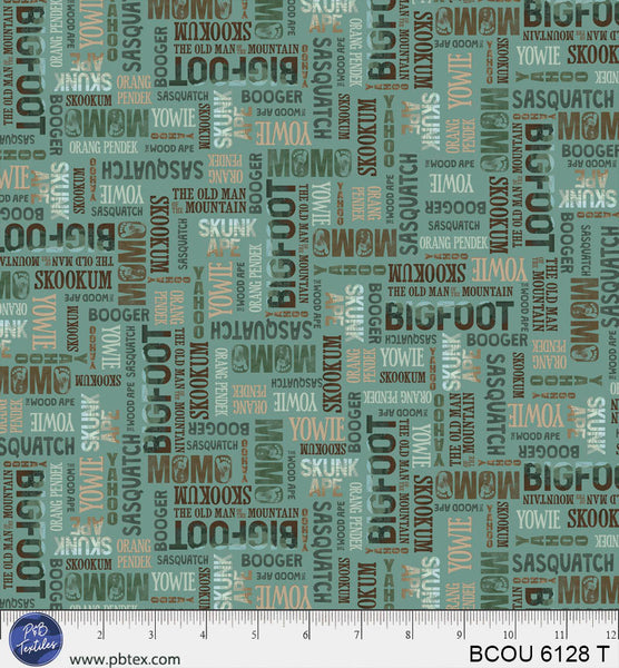 Teal Words Bigfoot Country BCOU-6128-T Cotton 44/45 Fabric Per Yard