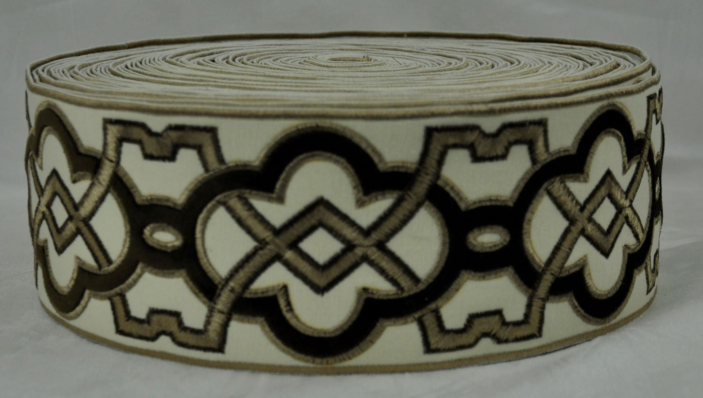 Velvet Embossed Decorative Trim Tape - 3 1/2" Width (25 Yard Roll) - BR-7337-06 Brown/Taupe