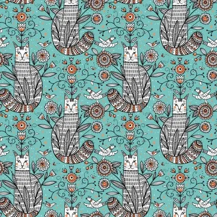 Whimsy Teal Cats 44"/45" Fabric Per Yard