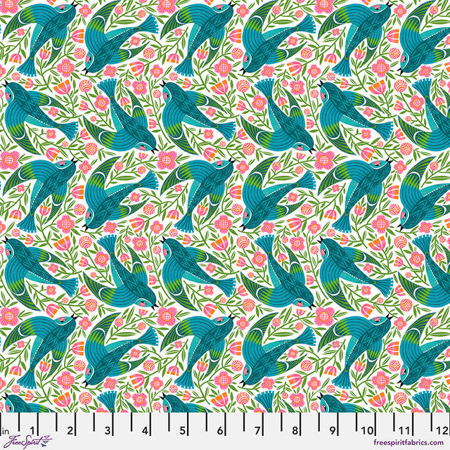 White Blue Birdy What the Birds Said Cotton 44"/45" Fabric Per Yard