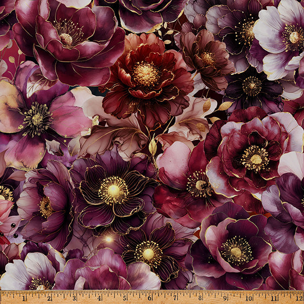 Burgundy Midnight Flora A Hoffman Spectrum Print Cotton 43"/44" Fabric Per Yard