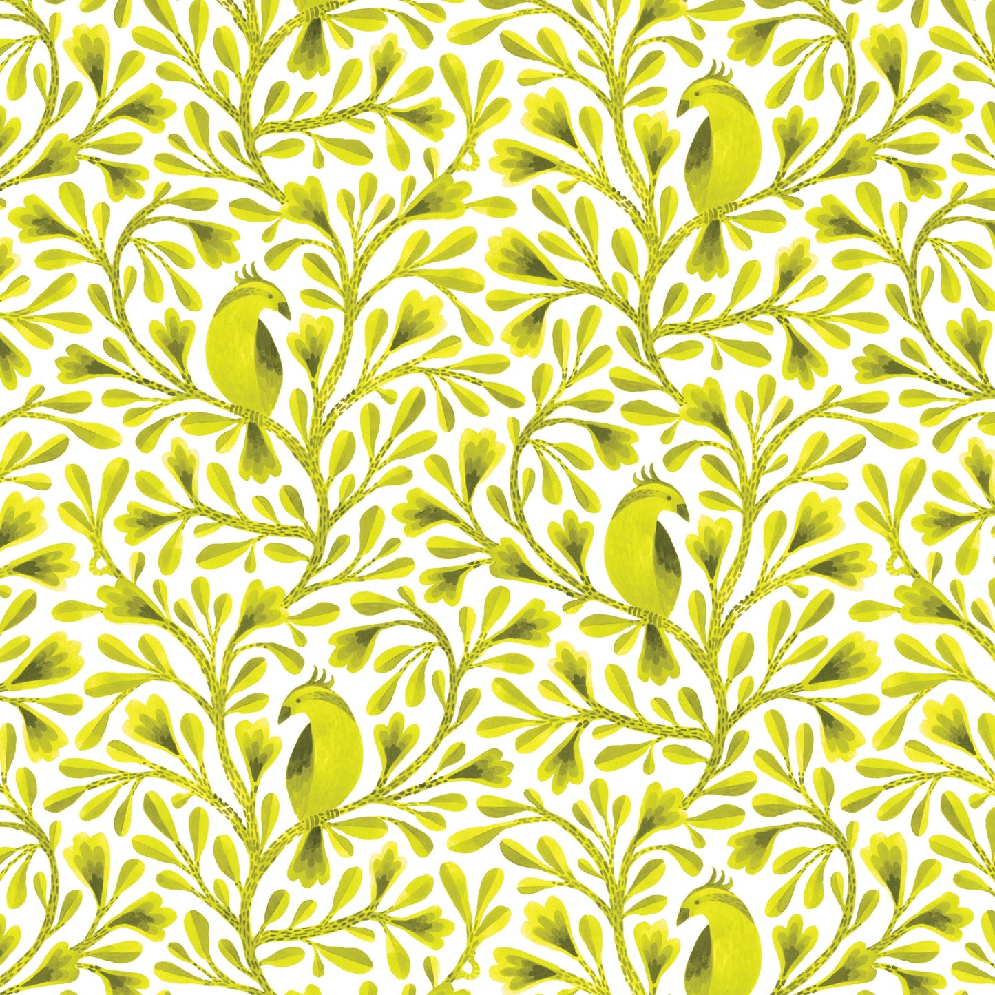 Dark Lime Citrine Birds and Branches Cotton 44/45 Fabric Per Yard