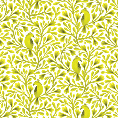 Dark Lime Citrine Birds and Branches Cotton 44/45 Fabric Per Yard