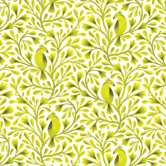 Dark Lime Citrine Birds and Branches Cotton 44/45 Fabric Per Yard