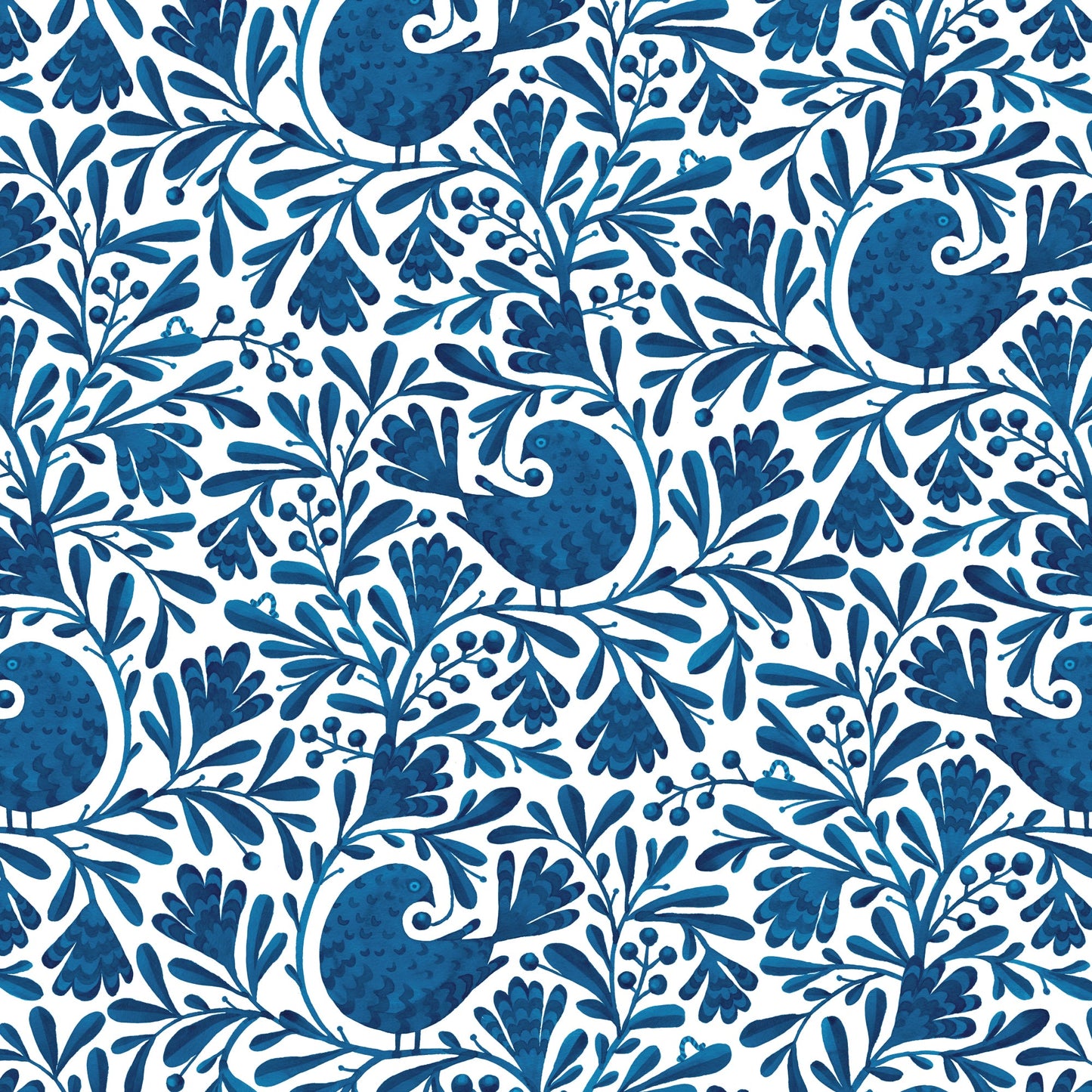 Navy Isla Birds and Branches Cotton 44/45 Fabric Per Yard