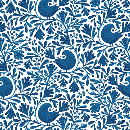 Navy Isla Birds and Branches Cotton 44/45 Fabric Per Yard