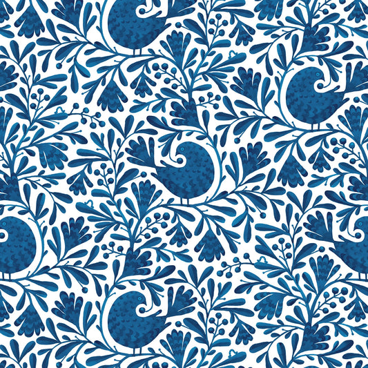 Navy Isla Birds and Branches Cotton 44/45 Fabric Per Yard