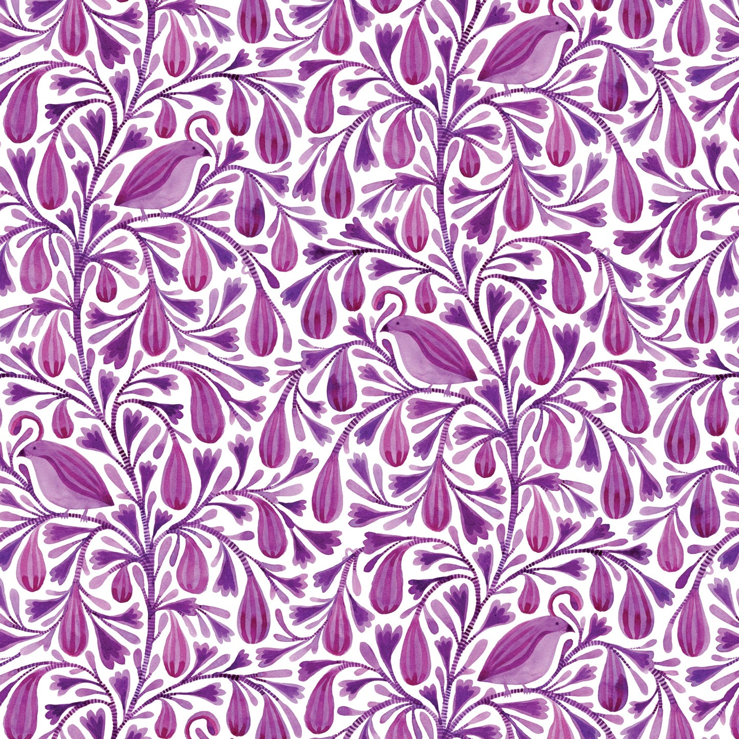 Dark Magenta Prince Birds and Branches Cotton 44/45 Fabric Per Yard