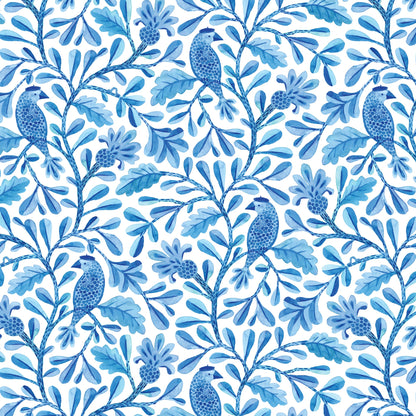 Blue Henri Birds and Branches Cotton 44/45 Fabric Per Yard