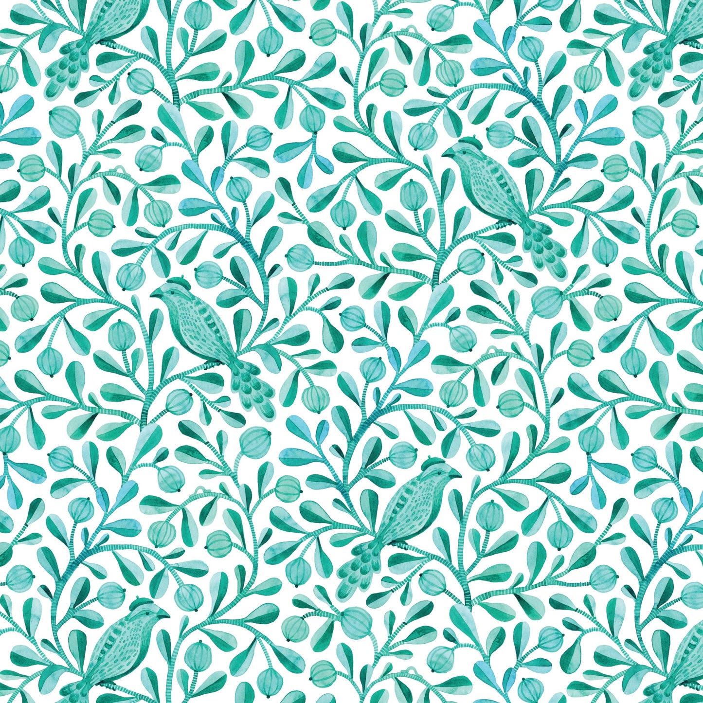 Turquoise Felipe Birds and Branches Cotton 44/45 Fabric Per Yard