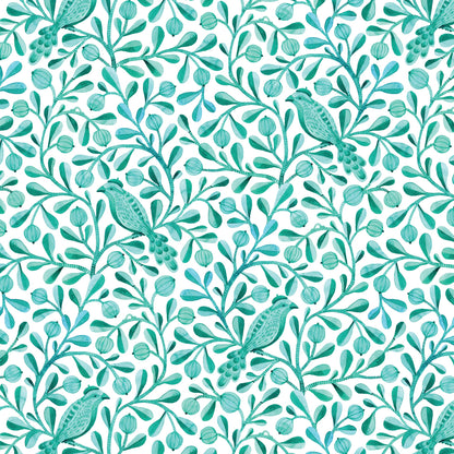 Turquoise Felipe Birds and Branches Cotton 44/45 Fabric Per Yard