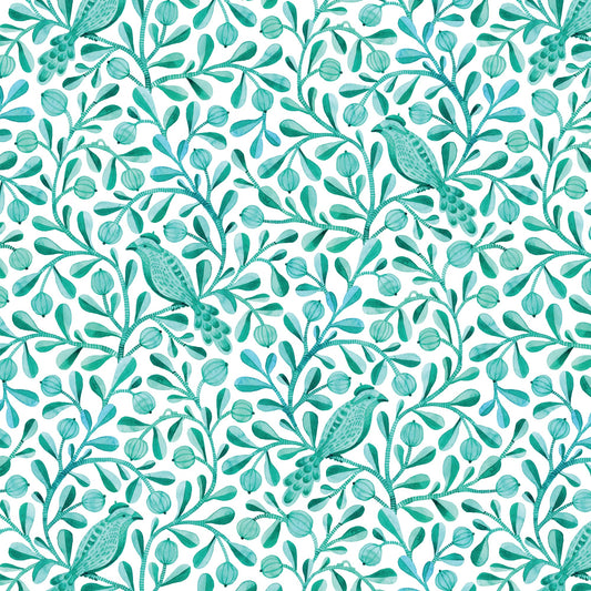 Turquoise Felipe Birds and Branches Cotton 44/45 Fabric Per Yard