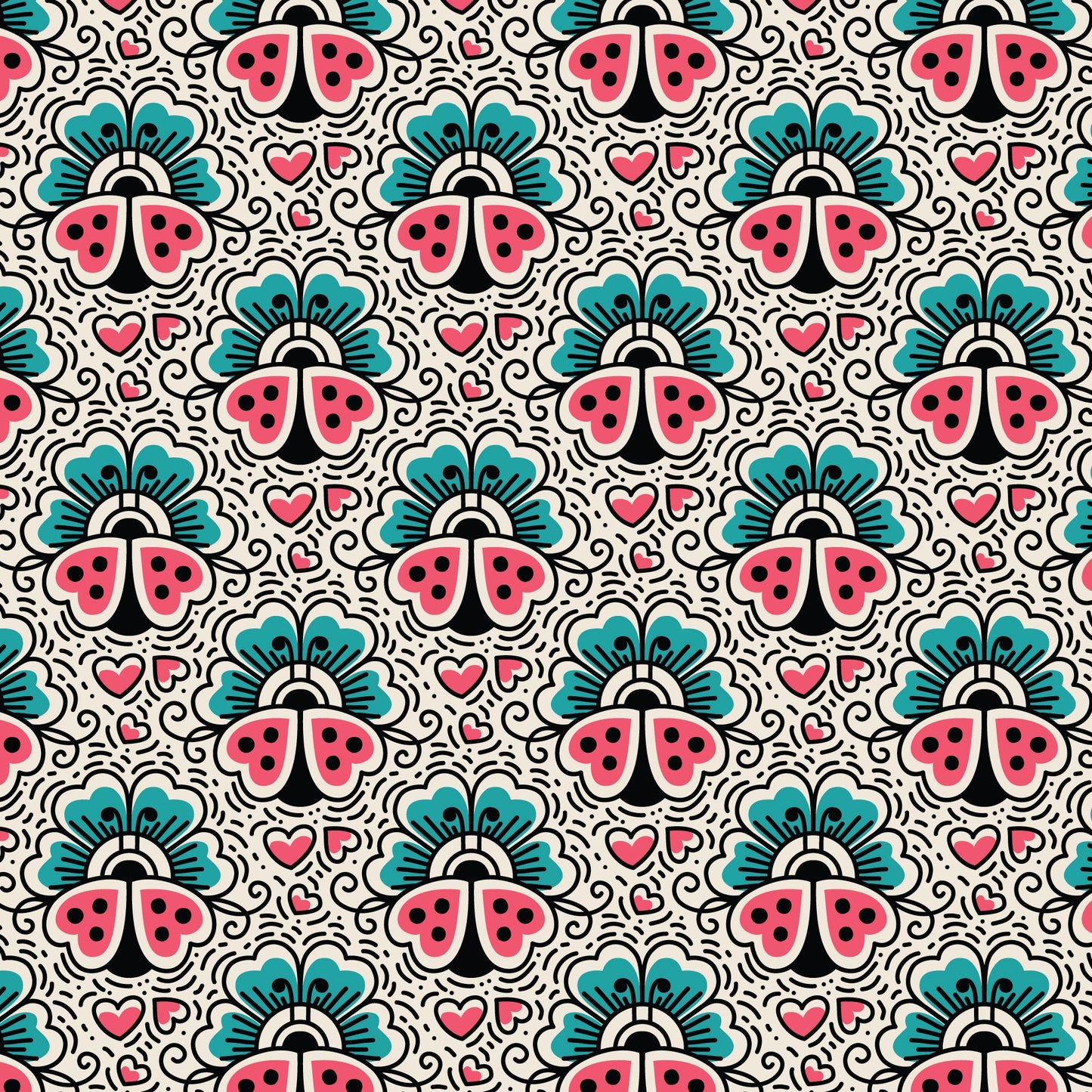 Ladybugs and Flowers Love Ink 3387 Cotton 44/45 Fabric Per Yard