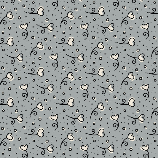 Gray Heart Blossoms Love Ink 3384 Cotton 44/45 Fabric Per Yard