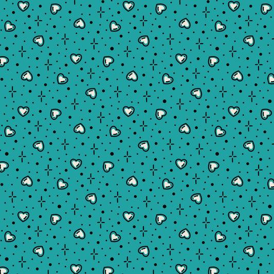 Teal Hearts Love Ink 3388 Cotton 44/45 Fabric Per Yard