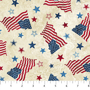 Stars And Stripes 14 Multi Flags And Star Beige Cotton 43"/44" Fabric Per Yard