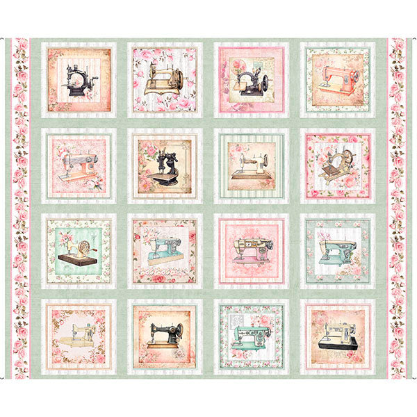 Light Sage Sewing Machine Picture Patches Sew Shabby Chic Cotton 44"/45" Fabric Per Yard
