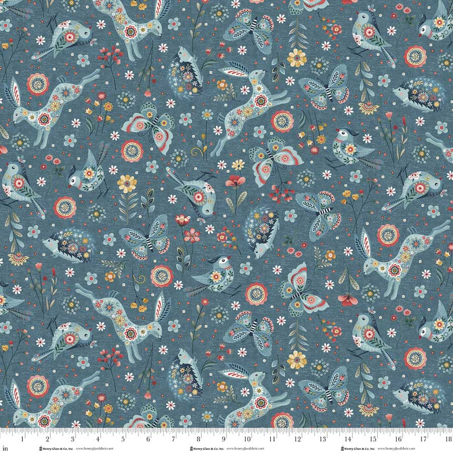Medium Blue Woodland Character Toss Cotton 44"/45" Fabric Per Yard