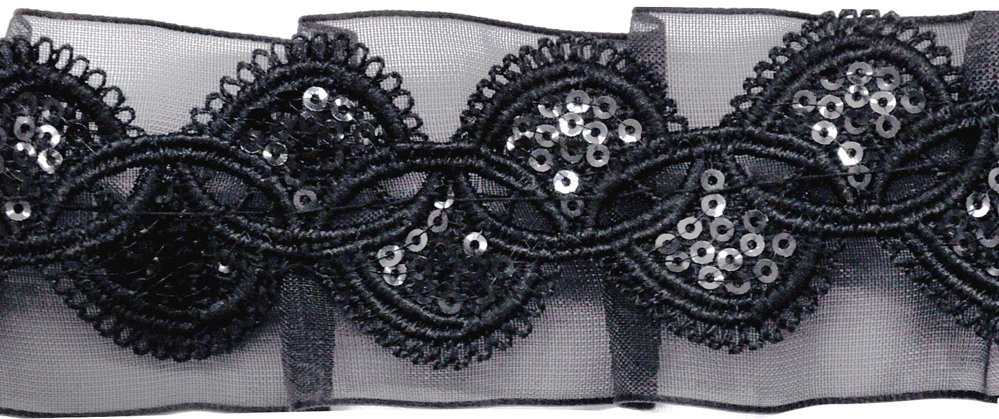 Belagio Enterprises - 1 1/2" Width Gathered Lace with Sequins (10 Yard Roll) - BRL-800-02 Black